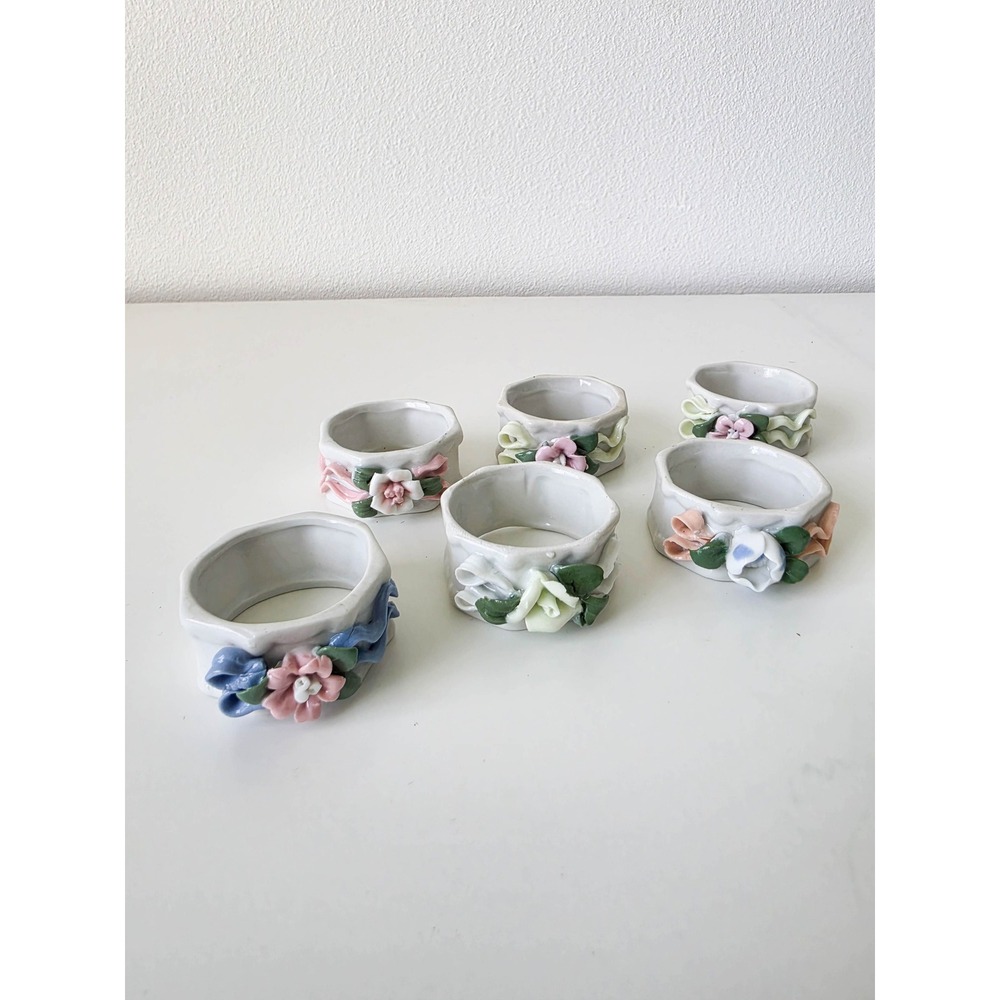 Vintage Ceramic Floral Napkin Rings Set of 6 Pastel 3D Flowers Ribbon Details
